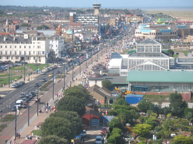 Great Yarmouth Golden Mile holiday seafront viewed from above, Norfolk