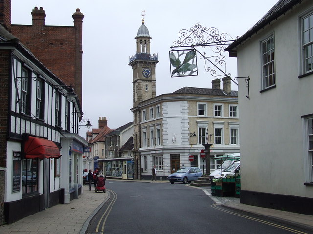 Harleston high street with shoppers, south Norfolk