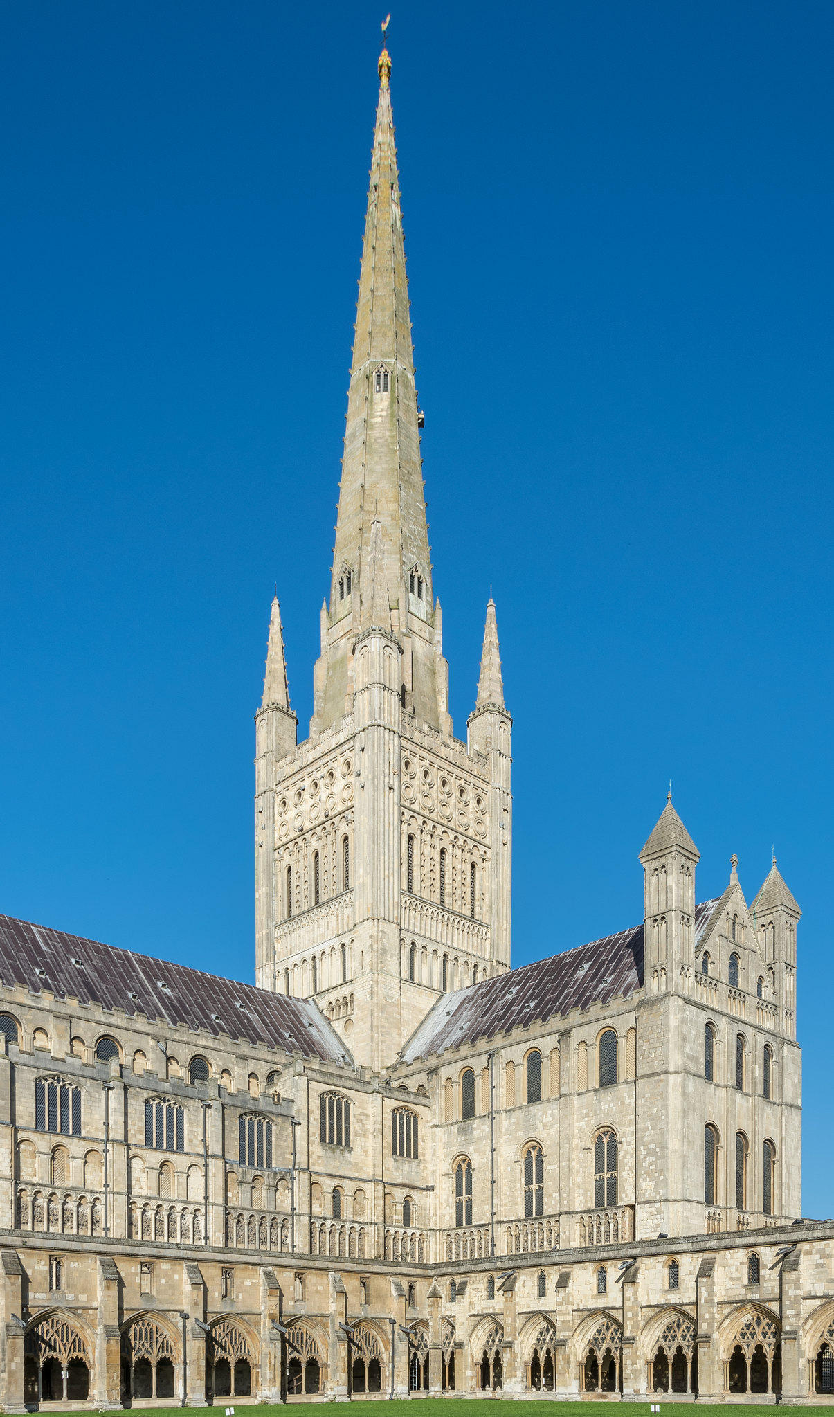 Norwich Cathedral tower and spire on a clear winter day, Norfolk — the second tallest cathedral spire in England